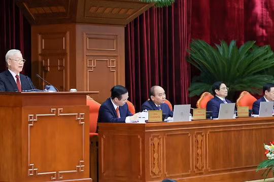 Tổng Bí thư Nguyễn Phú Trọng phát biểu khai mạc Hội nghị trung ương 6 (khóa XIII) (Ảnh: VGP/Nhật Bắc)