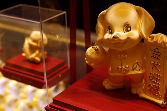 Bức Tượng vàng hình chú chó được dùng làm vật trang trí tại Hồng Kong để chào đón năm mới. Nhưng tại Malaysia, người dân lại tránh dùng các biểu tượng này trang trí cho năm mới. Ảnh: REUTERS/Tyrone Siu