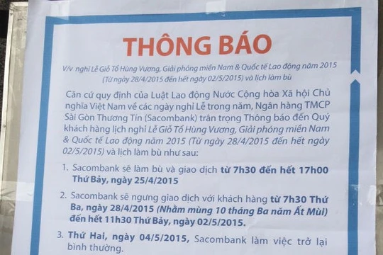 Lịch làm việc bù và lịch nghỉ dịp lễ 30/4 và 1/5 của Ngân hàng Sacombank .