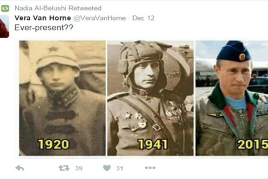 Từ trái sang: Ảnh chụp những người lính Nga năm 1920, 1941 và hình ảnh ông Putin năm 2015 - Ảnh: Twitter