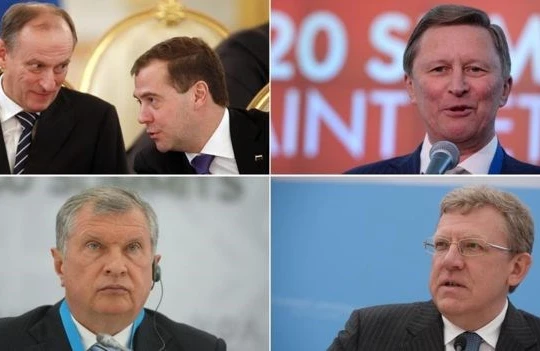 Bộ 5 thân tín của ông Putin: Nikolai Patrushev và Dmitry Medvedev; Sergei Ivanov; Alexei Kudrin và Igor Sechin (từ trái sang). Nguồn: Getty