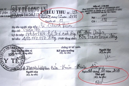 Phiếu thu 400 triệu đồng do Sở Y tế tỉnh Long An lập - Ảnh: Hoàng Lê