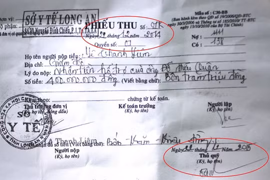Phiếu thu 400 triệu đồng do Sở Y tế tỉnh Long An lập - Ảnh: Hoàng Lê