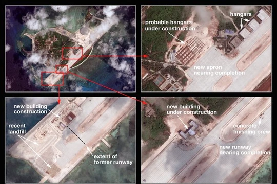 Hình ảnh chụp từ vệ tinh hồi tháng 3-2015 cho thấy Trung Quốc tăng cường xây dựng trái phép ở đảo Phú Lâm - Ảnh: The Diplomat