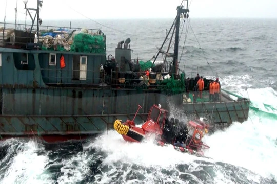 Tàu tuần tra Hàn Quốc truy đuổi tàu cá Trung Quốc đánh bắt trái phép ở biển Tây - Ảnh: Yonhap