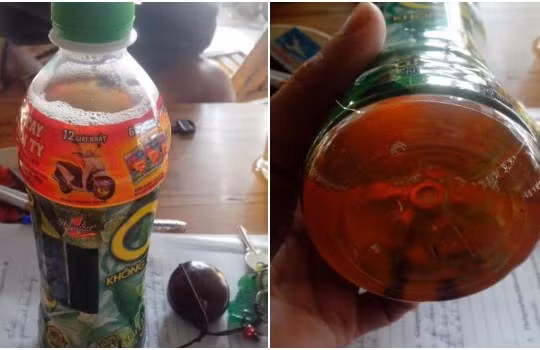 Chai trà xanh Không độ có ruồi do anh Trần Ngọc Quý cho nhân viên chăm sóc khách hàng của Tân Hiệp Phát xem.