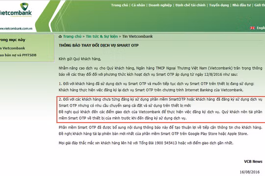Thông báo trên website của Vietcombank