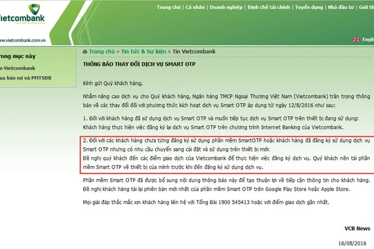 Thông báo trên website của Vietcombank