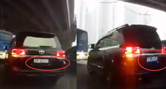 Chiếc Land Cruiser 7 chỗ đang chạy trên đường Phạm Văn Đồng bất ngờ đổi biển trắng sang biển xanh (ảnh: Cắt từ clip)