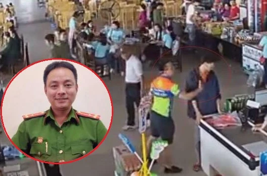 Thượng úy Nguyễn Xô Việt và hình ảnh ghi lại thời điểm hành hung nhân viên trạm dừng nghỉ.