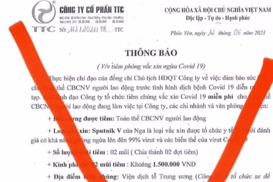 Thông báo của Công ty TTC về việc tiêm vaccine phòng COVID-19 là thông tin lừa đảo (Ảnh - Đình Anh) 