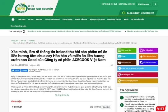 Thông báo của Cục An toàn thực phẩm (Bộ Y tế) về việc xác minh, làm rõ thông tin Ireland thu hồi mì Hảo Hảo, miến Good (Ảnh - MT)