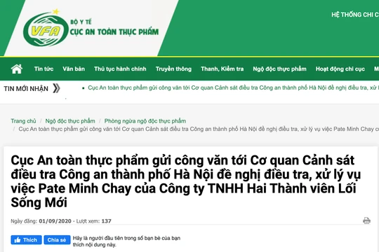Cục An toàn thực phẩm đề nghị Cơ quan Cảnh sát điều tra Công an TP. Hà Nội điều tra, xử lý vụ pate Minh Chay có độc tố (Ảnh: Minh Thúy - nguồn VFA)