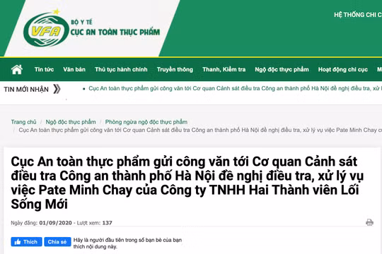 Cục An toàn thực phẩm đề nghị Cơ quan Cảnh sát điều tra Công an TP. Hà Nội điều tra, xử lý vụ pate Minh Chay có độc tố (Ảnh: Minh Thúy - nguồn VFA)