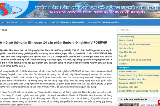 Thông báo về một số thông tin liên quan tới sản phẩm thuốc thử nghiệm VIPDERVIR của Viện Hàn lâm Khoa học và Công nghệ Việt Nam (Ảnh - VT) 
