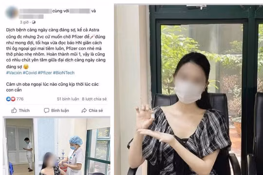 Cô V.P.A. "khoe" được tiêm vaccine phòng COVID-19 của Pfizer trên mạng xã hội (Ảnh - FB) 