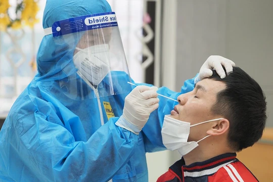 Nhân viên y tế lấy mẫu xét nghiệm Covid-19 cho học sinh (Ảnh - Đăng Chung) 