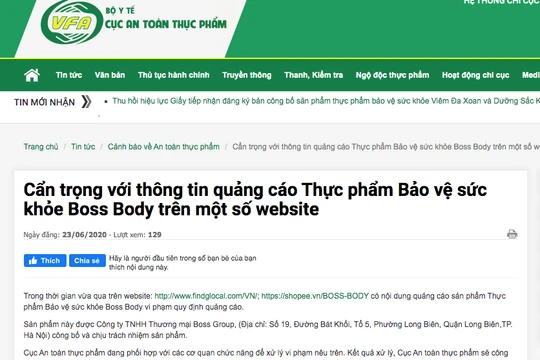 Cục An toàn thực phẩm khuyến cáo người tiêu dùng cẩn trọng với quảng cáo sản phẩm thực phẩm bảo vệ sức khỏe Boss Body. (Ảnh chụp màn hình trên website https://vfa.gov.vn/.)