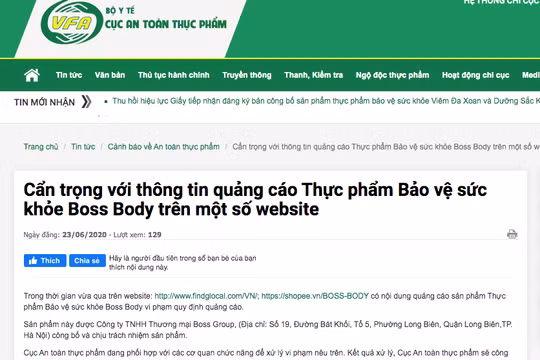 Cục An toàn thực phẩm khuyến cáo người tiêu dùng cẩn trọng với quảng cáo sản phẩm thực phẩm bảo vệ sức khỏe Boss Body. (Ảnh chụp màn hình trên website https://vfa.gov.vn/.)