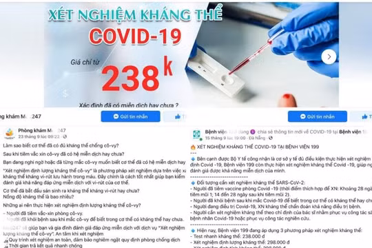 Hàng loạt trang Faacebook của các phòng khám, bệnh viện quảng cáo xét nghiệm kháng thể COVID-19 (Ảnh - MT) 