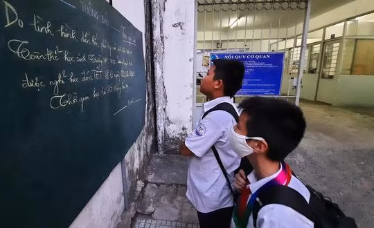 Học sinh Trường THCS - THPT Sương Nguyệt Anh (Q.10, TP.HCM) xem thông báo nghỉ học tránh dịch - Ảnh: Như Hùng 