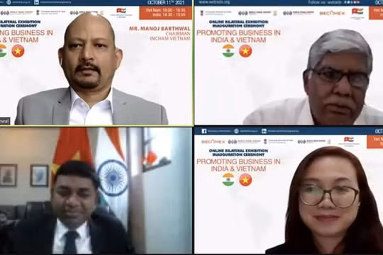 Lễ khai mạc Triển lãm trực tuyến với sự có mặt của Tiến sĩ Madan Mohan Sethi - Tổng lãnh sự Ấn Độ tại TP.HCM; ông Manoj Barthwal - Chủ tịch, Phòng Thương mại Ấn Độ tại Việt Nam; và ông Vijay Kalantri - Giám đốc WTC Mumbai; bà Huỳnh Đinh Thái Linh - Giám đốc Trung tâm Thương mại Thế giới Thành phố Mới Bình Dương (WTC BDNC). Ảnh: Hoà Bình