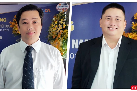 Ông Ngô Thanh Tùng - Phó Tổng Giám đốc SoftTech Đà Nẵng và ông Vũ Tuấn Anh - Phó Tổng Giám đốc Dr SME tại buổi họp báo sáng 6/4 tại Đà Nẵng (Ảnh: HB) 