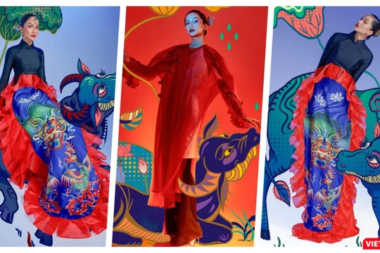 Hoa hậu H’Hen Niê tôn vinh tranh dân gian Đông Hồ trong bộ ảnh Tết (Ảnh: Nguyễn Minh Đức) 