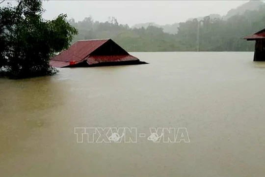 Mưa lũ nhấn chìm nhà dân ở Quảng Bình (ảnh TTXVN)