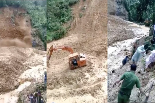 Hiện rường vụ sạt lở đất xảy ra chiều ngày 12/11 ngay tại vị trí các lực lượng đang tìm kiếm nạn nhân mất tích trong vụ sạt lở chiều ngày 11/11 (ảnh cắt từ clip)