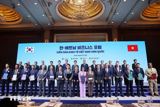 Chủ tịch MB Lưu Trung Thái (hàng đầu tiên, thứ tư từ trái sang) tại Diễn đàn doanh nghiệp Hàn Quốc - Việt Nam tổ chức tại Seoul. Ảnh: TTXVN.