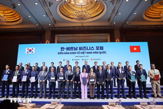 Chủ tịch MB Lưu Trung Thái (hàng đầu tiên, thứ tư từ trái sang) tại Diễn đàn doanh nghiệp Hàn Quốc - Việt Nam tổ chức tại Seoul. Ảnh: TTXVN.