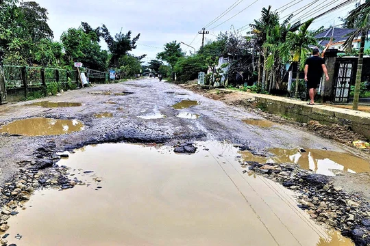 Quốc lộ 14E (đoạn qua xã Bình Quý, huyện Thăng Bình, Quảng Nam) dày đặc ổ voi, trở thành nổi ám ảnh của người dân địa phương và cánh tài xế.