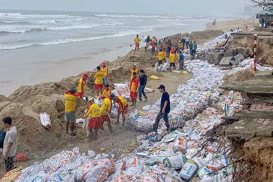 Đà Nẵng xử lý tình trạng sạt lở bãi biển du lịch bằng rọ bao cát. Ảnh: MH.