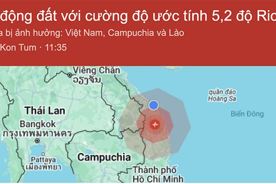 Vị trí trận động đất xảy ra vào khoảng 11h35 ngày 28/7 tại tỉnh KonTum khiến nhiều nhà cửa ở Đà Nẵng bị rung lắc