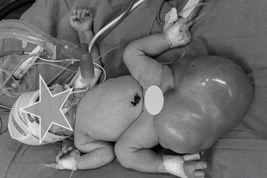 Bé gái 5 ngày tuổi mắc khối u nặng hơn 1,2kg được phát hiện từ trong bào thai mẹ. (Ảnh BVCC)