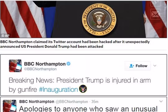 Tài khoản Twitter của BBC bị hack, post nội dung ông Trump bị bắn vào tay và xin lỗi độc giả ngay sau đó.