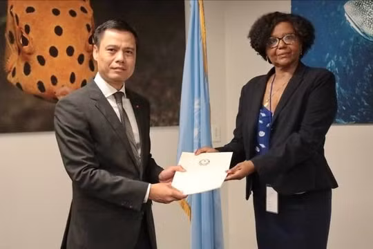 Đại sứ Đặng Hoàng Giang, Trưởng Phái đoàn Thường trực Việt Nam tại Liên Hợp Quốc, nộp Hồ sơ đệ trình Ranh giới thềm lục địa mở rộng ngoài 200 hải lý của Việt Nam ở Khu vực Giữa Biển Đông cho đại diện Ủy ban Ranh giới Thềm lục địa Liên Hợp Quốc (CLCS).