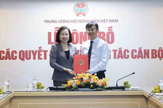 Bà Bùi Thị Thơm, Phó Chủ tịch TƯ Hội Nông dân Việt Nam trao quyết định bổ nhiệm Tổng biên tập Báo Nông thôn Ngày nay cho nhà báo Nguyễn Văn Hoài.