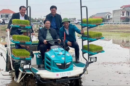 Thủ tướng trực tiếp ngồi máy cấy điều khiển cấy lúa trên cánh đồng.