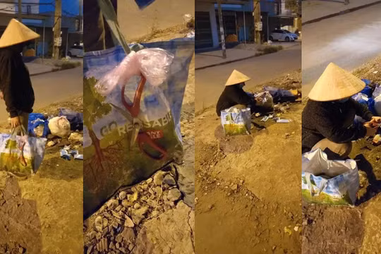 Người phụ nữ ngồi cắt khẩu trang đã sử dụng trong các đống rác