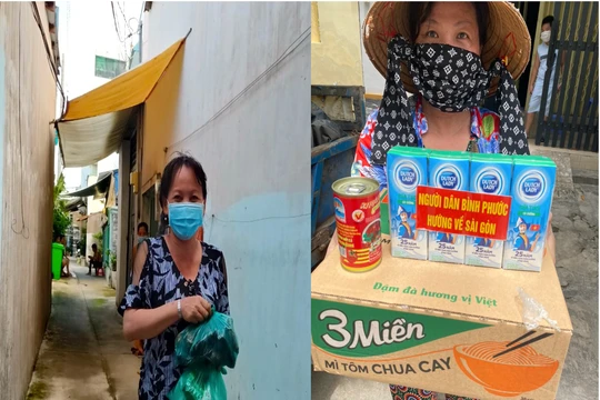 Người dân quận Bình Tân (TP Hồ Chí Minh) vui vẻ khi nhận những món quà nhỏ từ người dân Bình Phước