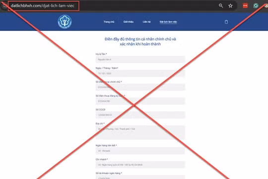 Trang web giả mạo datlichbhxh[.]com có giao diện tương tự trang chính thức. Ảnh: BHXHVN