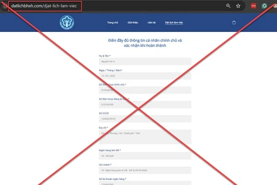 Trang web giả mạo datlichbhxh[.]com có giao diện tương tự trang chính thức. Ảnh: BHXHVN