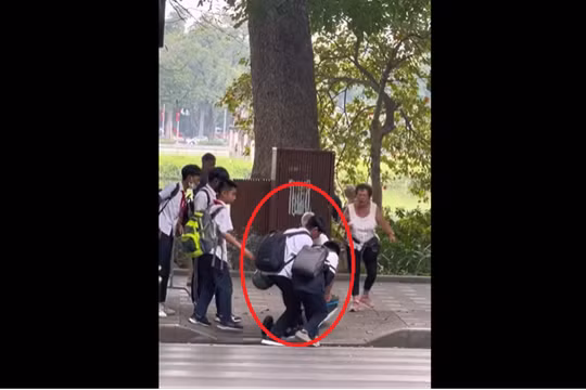 Học sinh trường THCS Hoàn Kiếm giúp đỡ người gà, người khuyết tật đi ngắm cảnh hồ Gươm.