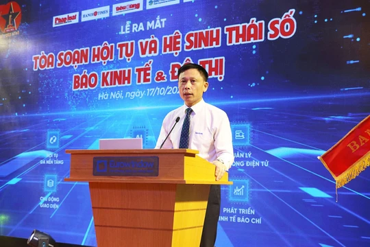 Tổng biên tập báo Kinh tế và Đô thị, ông Nguyễn Thành Lợi phát biểu tại sự kiện ra mắt Tòa soạn hội tụ và Hệ sinh thái số