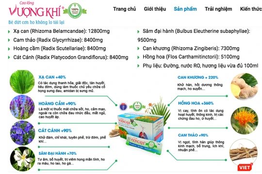 Sản phẩm Cao lỏng Vượng khí được quảng cáo trên mạng.