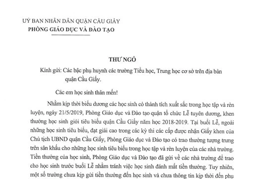 Bức "thư ngỏ" gửi đến các bậc phụ huynh học sinh có con đang theo học tại các trường Tiểu học, THCS trên địa bàn quận Cầu Giấy