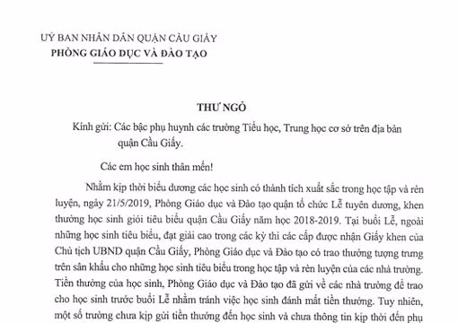 Bức "thư ngỏ" gửi đến các bậc phụ huynh học sinh có con đang theo học tại các trường Tiểu học, THCS trên địa bàn quận Cầu Giấy