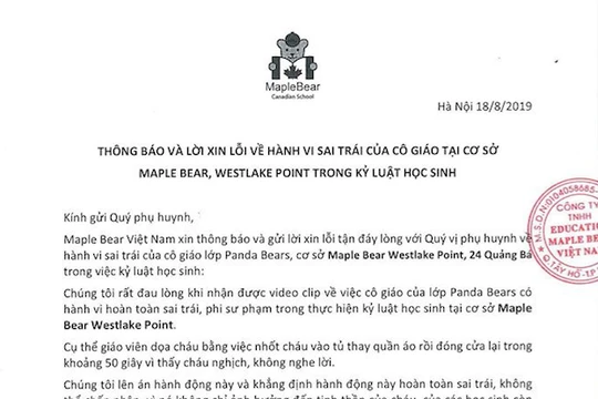 Thông báo của Trường mầm non Maple Bear Westlake Point về sự việc. 